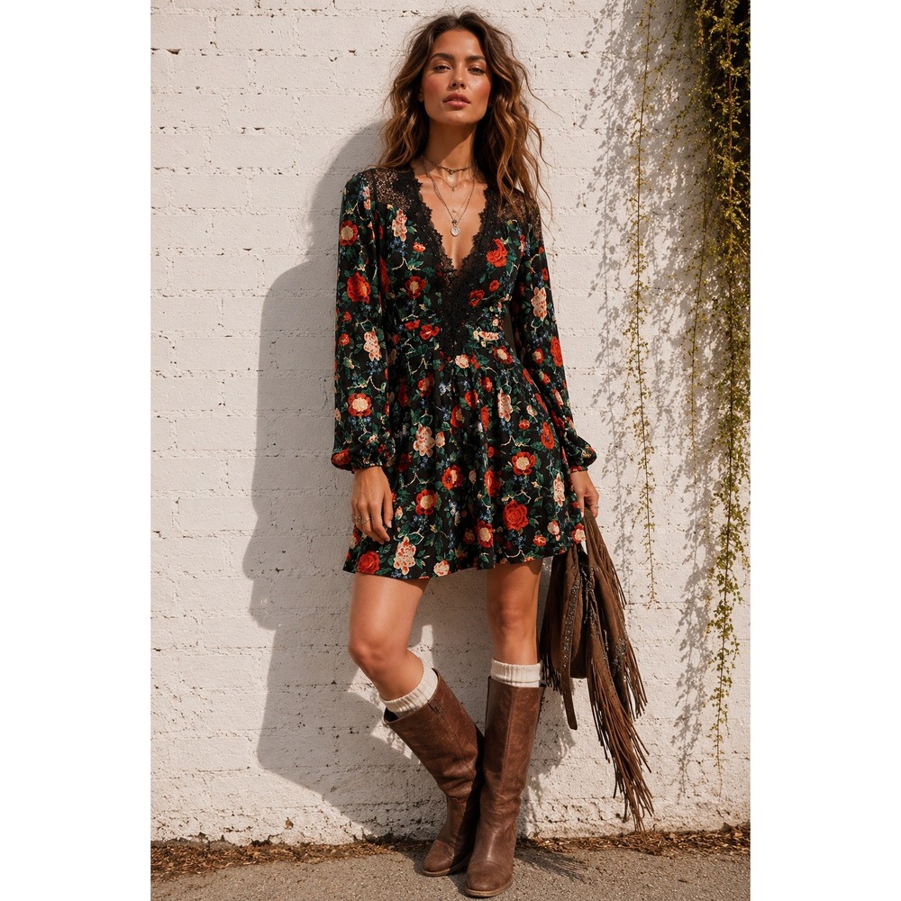 Anthropologie Floral Lace Trim Mini Viscose Dress Romantic Cottagecore 10